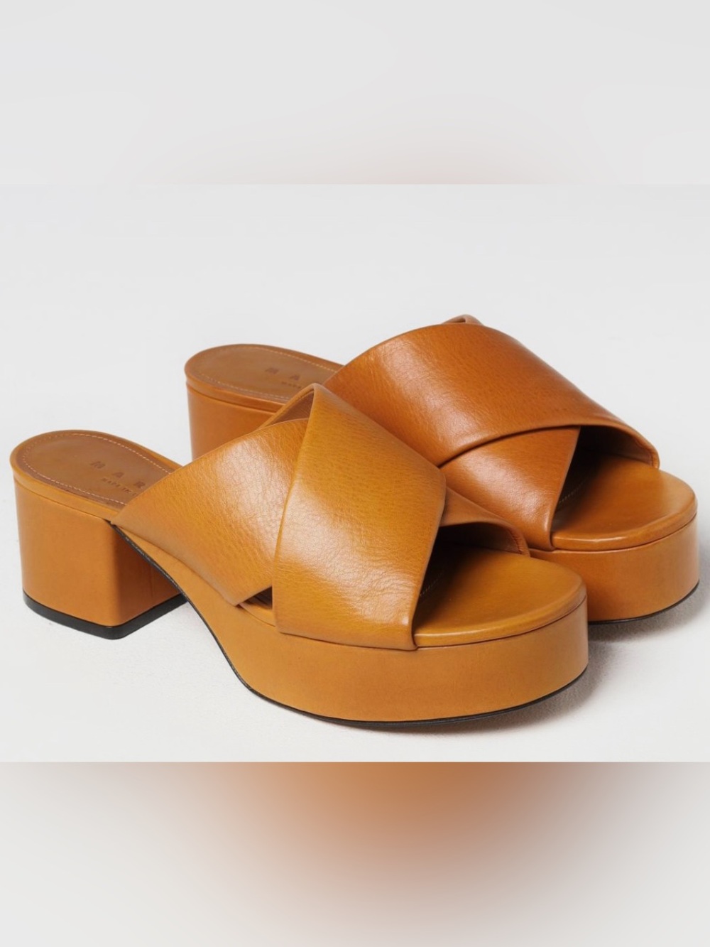 Marni Tan Cognac Leather Cross-Strap Platform Mules